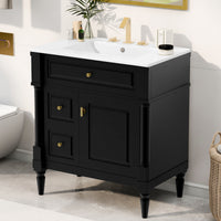 VanityFus 30-in Bathroom Vanity Black Single Sink Combo with Ceramic Top 1 Door 3 Drawers Adjustable Shelves