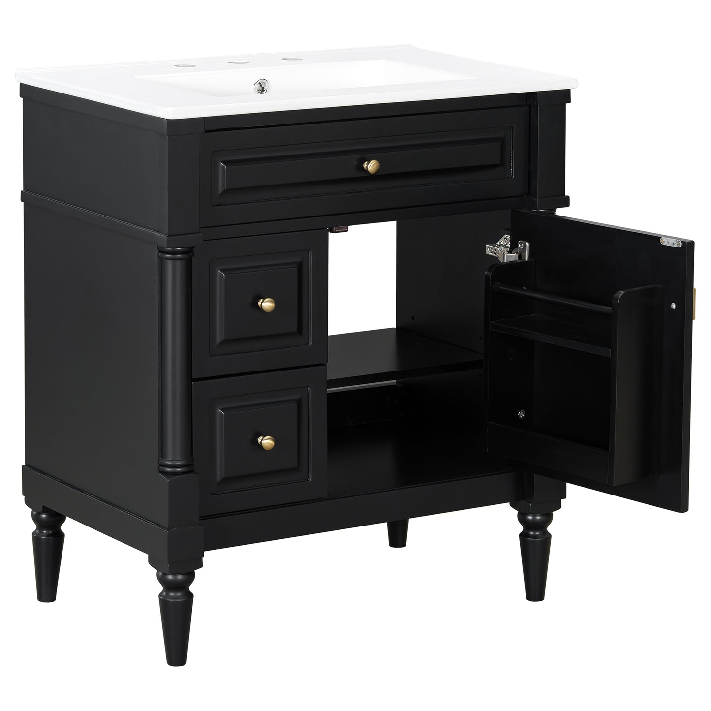 VanityFus 30-in Bathroom Vanity Black Single Sink Combo with Ceramic Top 1 Door 3 Drawers Adjustable Shelves