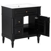 VanityFus 30-in Bathroom Vanity Black Single Sink Combo with Ceramic Top 1 Door 3 Drawers Adjustable Shelves