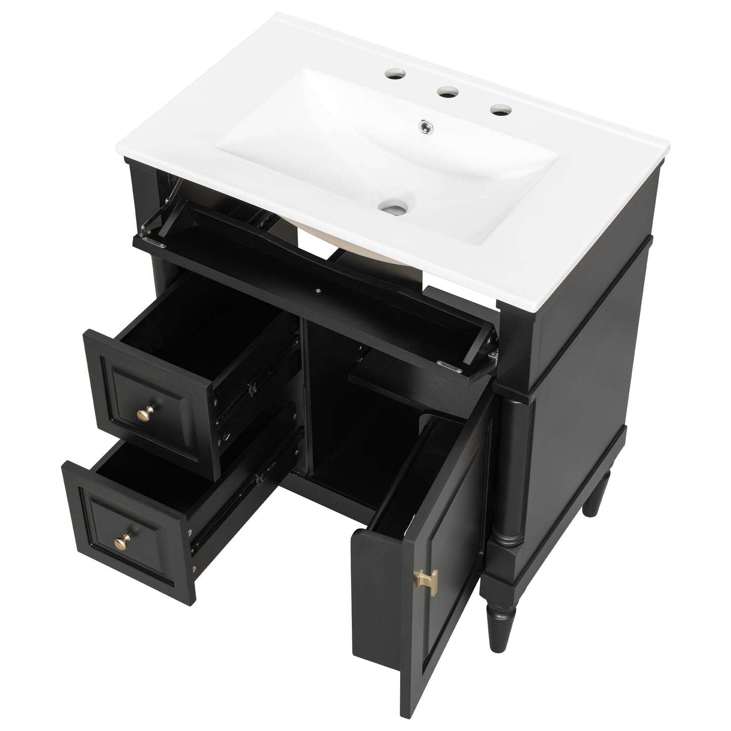 VanityFus 30-in Bathroom Vanity Black Single Sink Combo with Ceramic Top 1 Door 3 Drawers Adjustable Shelves