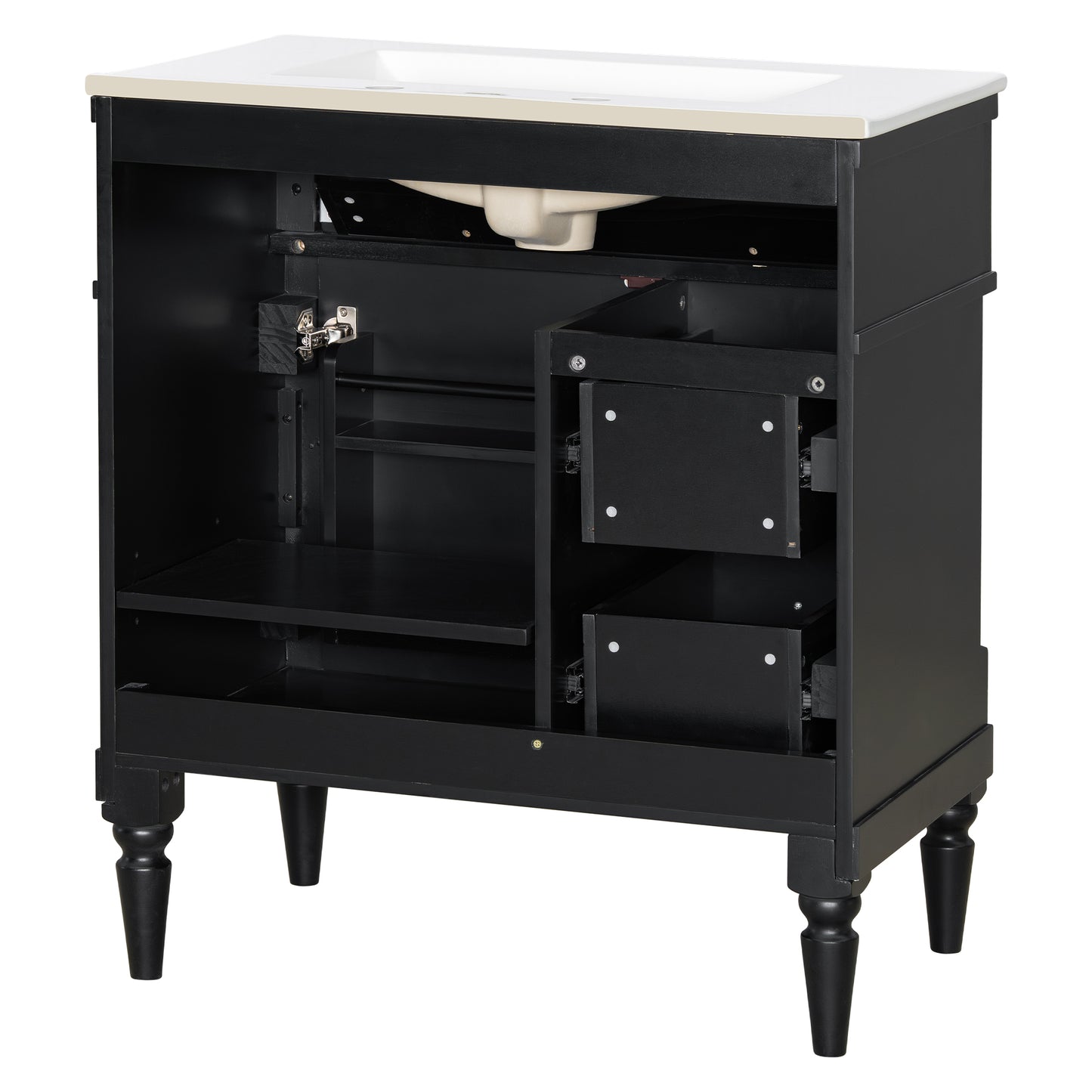 VanityFus 30-in Bathroom Vanity Black Single Sink Combo with Ceramic Top 1 Door 3 Drawers Adjustable Shelves