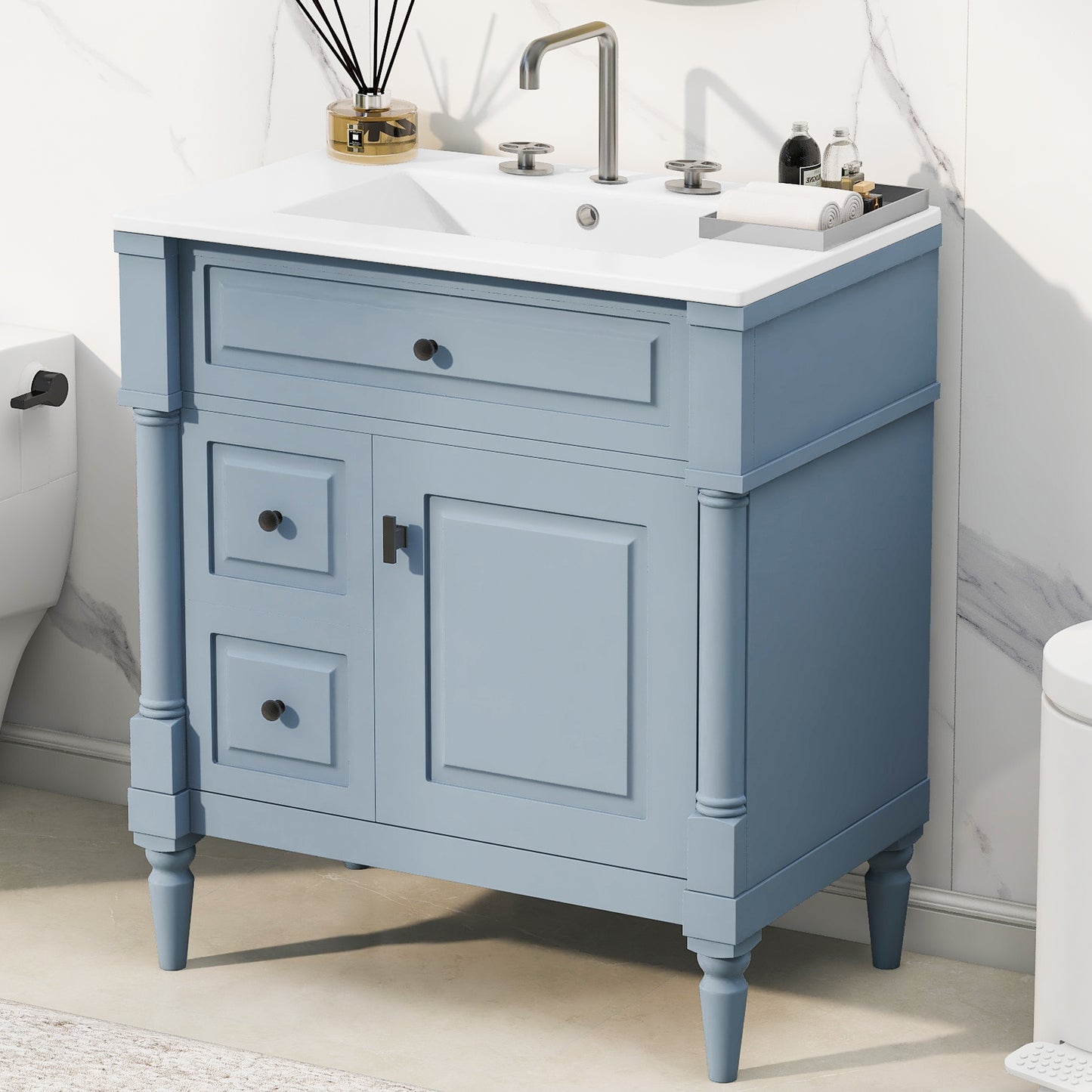 VanityFus 30-in Bathroom Vanity Blue Grey Single Sink Combo with Ceramic Top 1 Door 3 Drawers Adjustable Shelves