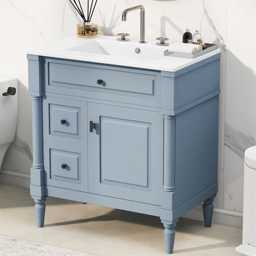 VanityFus 30-in Bathroom Vanity Blue Grey Single Sink Combo with Ceramic Top 1 Door 3 Drawers Adjustable Shelves