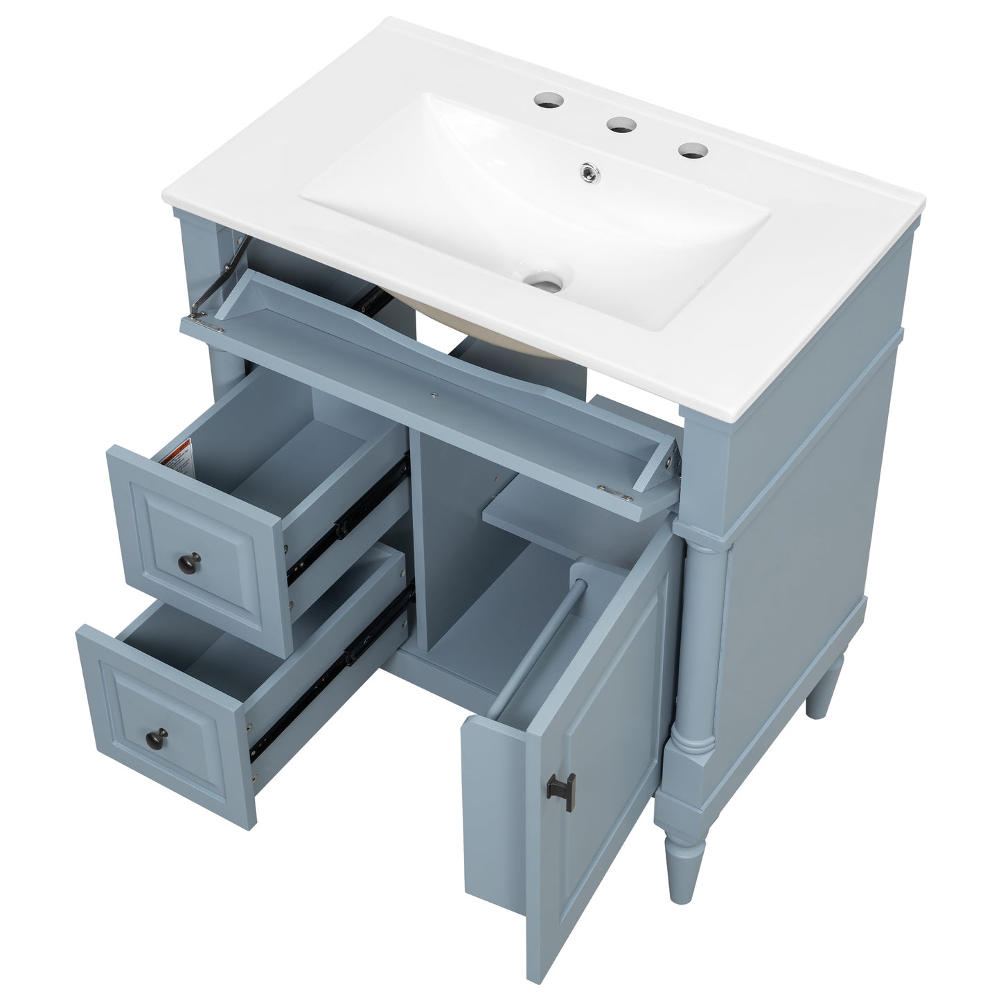VanityFus 30-in Bathroom Vanity Blue Grey Single Sink Combo with Ceramic Top 1 Door 3 Drawers Adjustable Shelves