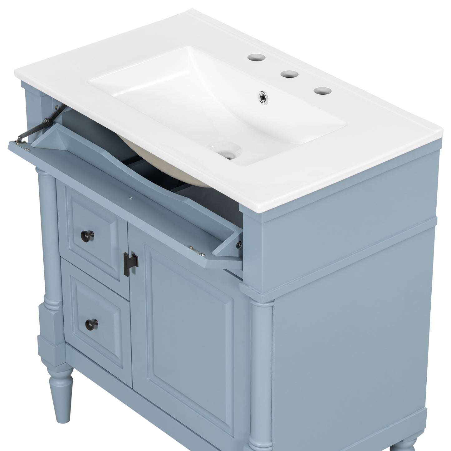 VanityFus 30-in Bathroom Vanity Blue Grey Single Sink Combo with Ceramic Top 1 Door 3 Drawers Adjustable Shelves