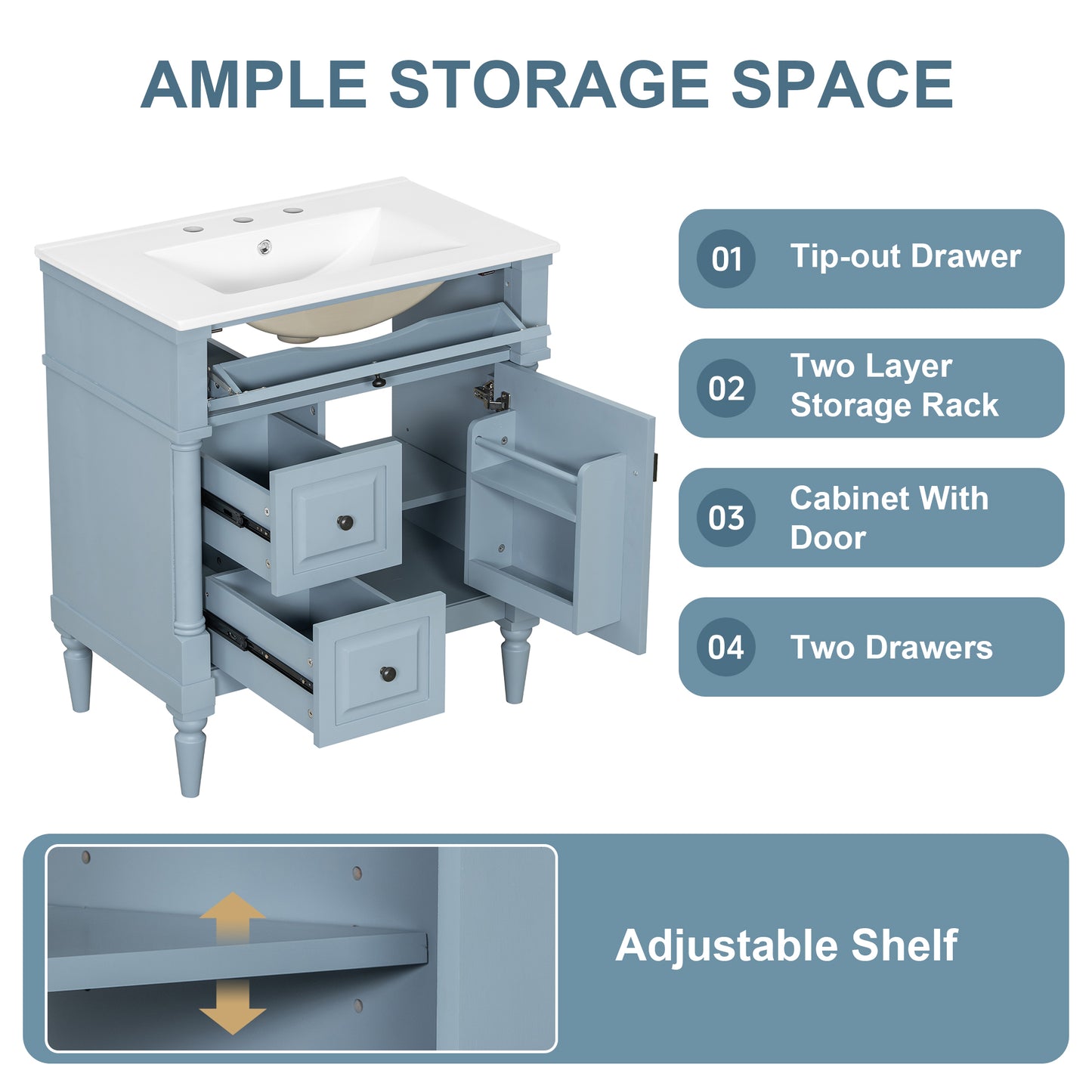 VanityFus 30-in Bathroom Vanity Blue Grey Single Sink Combo with Ceramic Top 1 Door 3 Drawers Adjustable Shelves