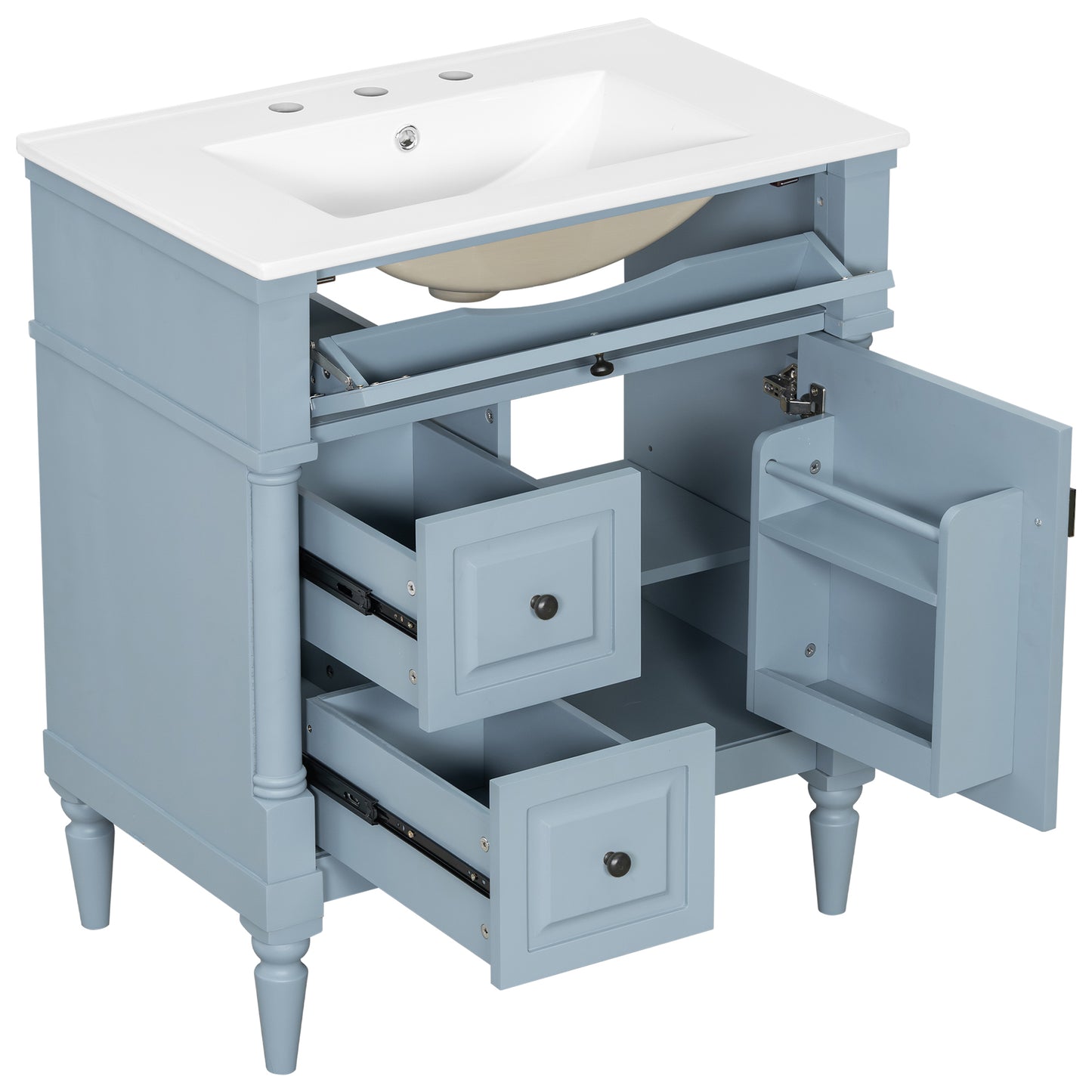 VanityFus 30-in Bathroom Vanity Blue Grey Single Sink Combo with Ceramic Top 1 Door 3 Drawers Adjustable Shelves