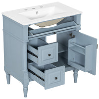 VanityFus 30-in Bathroom Vanity Blue Grey Single Sink Combo with Ceramic Top 1 Door 3 Drawers Adjustable Shelves