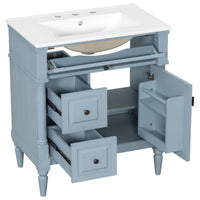 VanityFus 30-in Bathroom Vanity Blue Grey Single Sink Combo with Ceramic Top 1 Door 3 Drawers Adjustable Shelves
