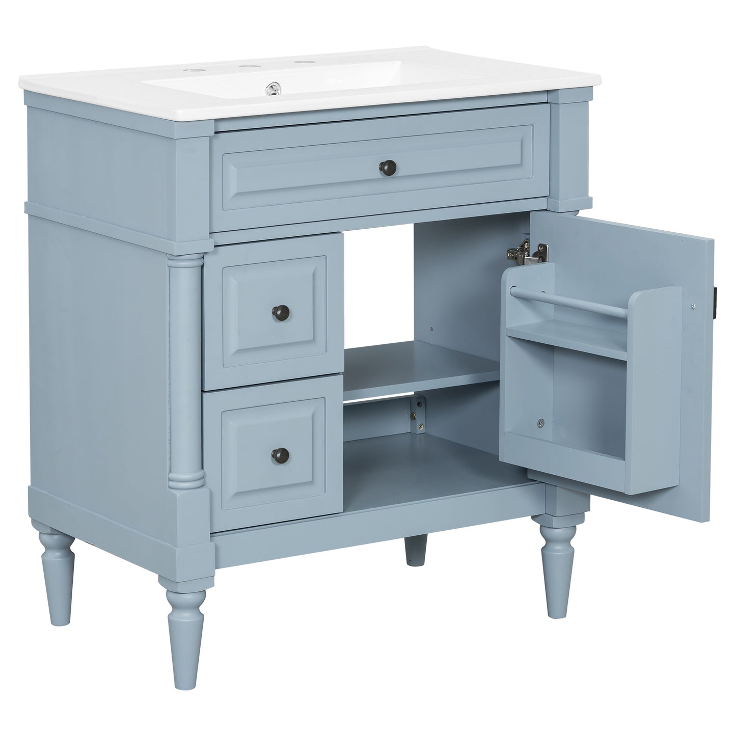 VanityFus 30-in Bathroom Vanity Blue Grey Single Sink Combo with Ceramic Top 1 Door 3 Drawers Adjustable Shelves