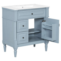VanityFus 30-in Bathroom Vanity Blue Grey Single Sink Combo with Ceramic Top 1 Door 3 Drawers Adjustable Shelves