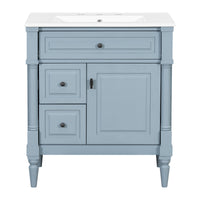 VanityFus 30-in Bathroom Vanity Blue Grey Single Sink Combo with Ceramic Top 1 Door 3 Drawers Adjustable Shelves