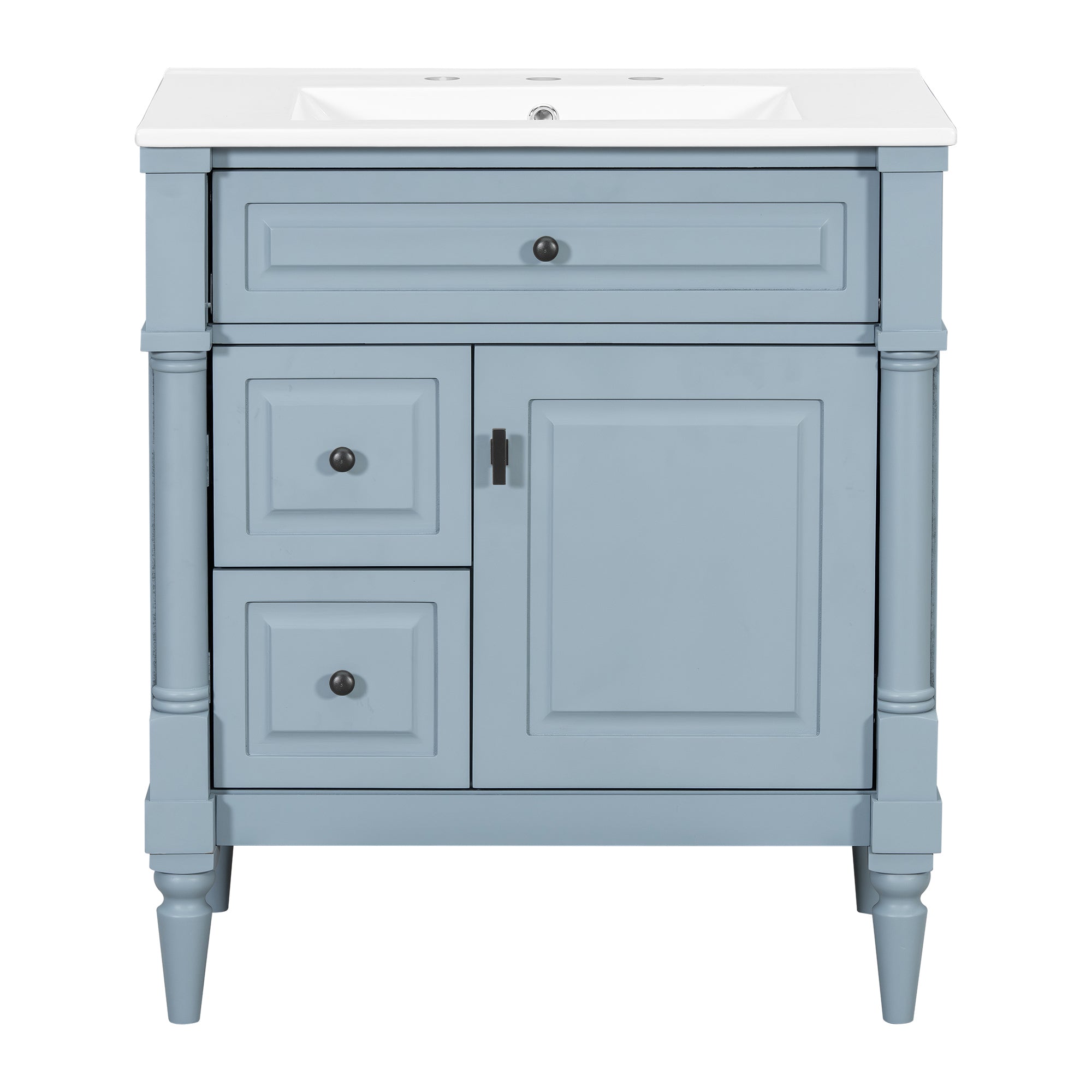 VanityFus 30-in Bathroom Vanity Blue Grey Single Sink Combo with Ceramic Top 1 Door 3 Drawers Adjustable Shelves
