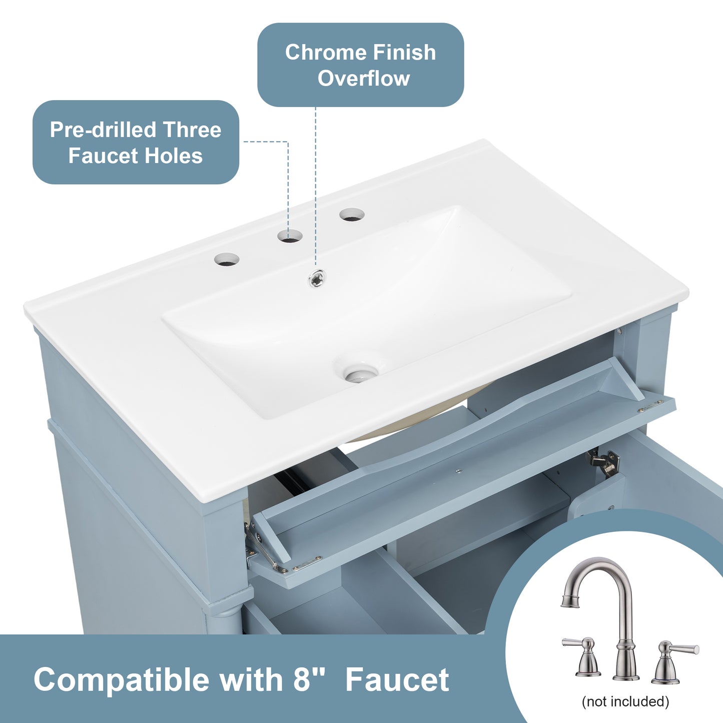 VanityFus 30-in Bathroom Vanity Blue Grey Single Sink Combo with Ceramic Top 1 Door 3 Drawers Adjustable Shelves
