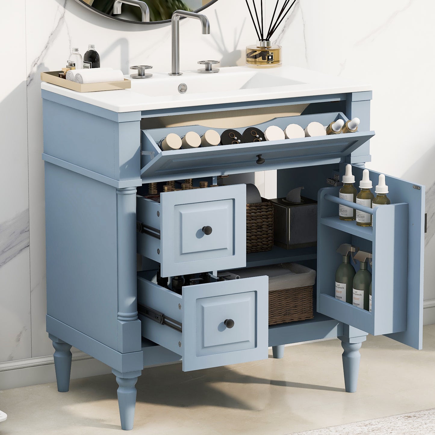 VanityFus 30-in Bathroom Vanity Blue Grey Single Sink Combo with Ceramic Top 1 Door 3 Drawers Adjustable Shelves