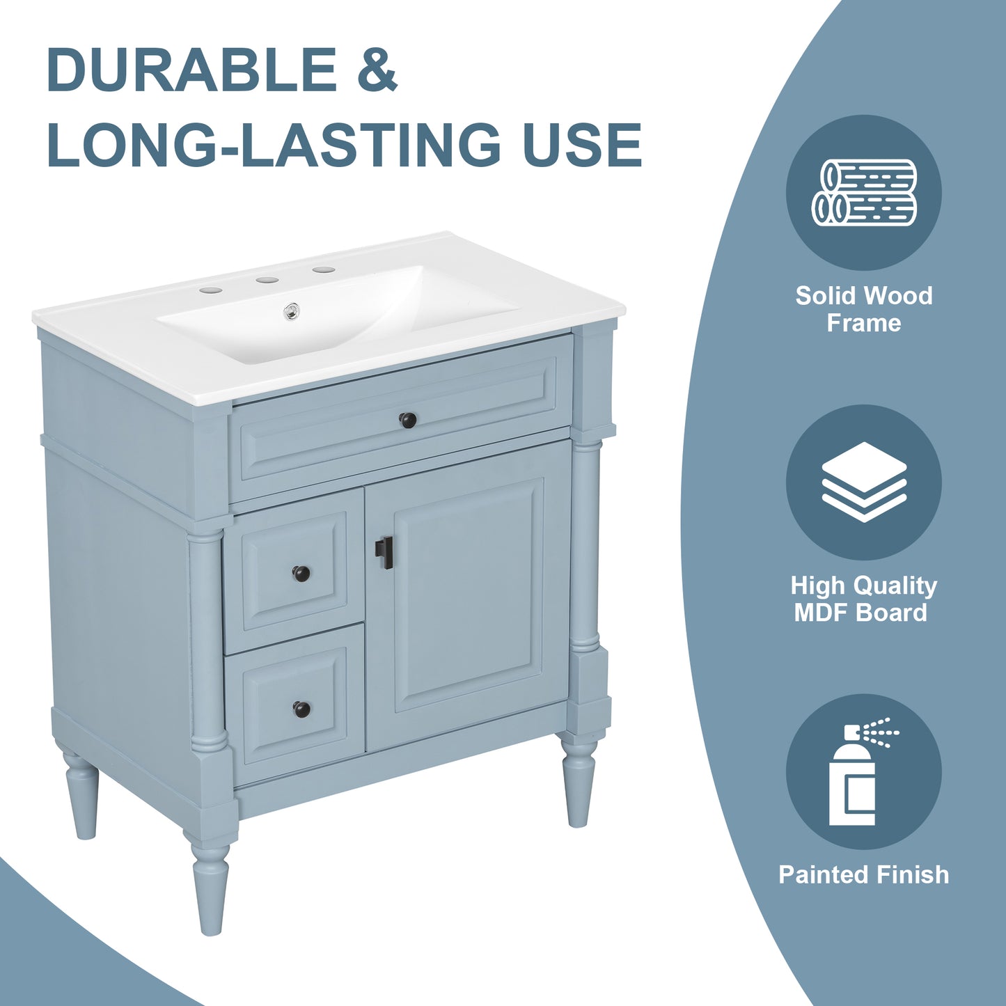 VanityFus 30-in Bathroom Vanity Blue Grey Single Sink Combo with Ceramic Top 1 Door 3 Drawers Adjustable Shelves