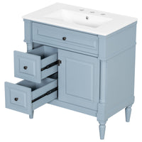 VanityFus 30-in Bathroom Vanity Blue Grey Single Sink Combo with Ceramic Top 1 Door 3 Drawers Adjustable Shelves