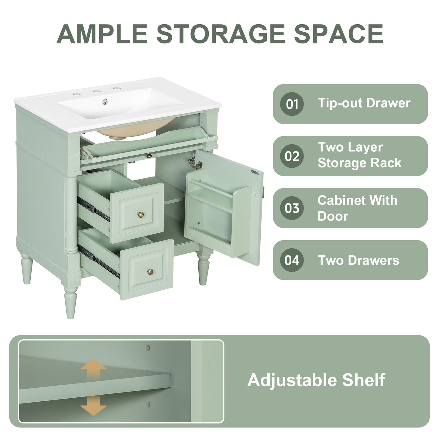 VanityFus 30-in Bathroom Vanity Green Single Sink Combo with Ceramic Top 1 Door 3 Drawers Adjustable Shelves
