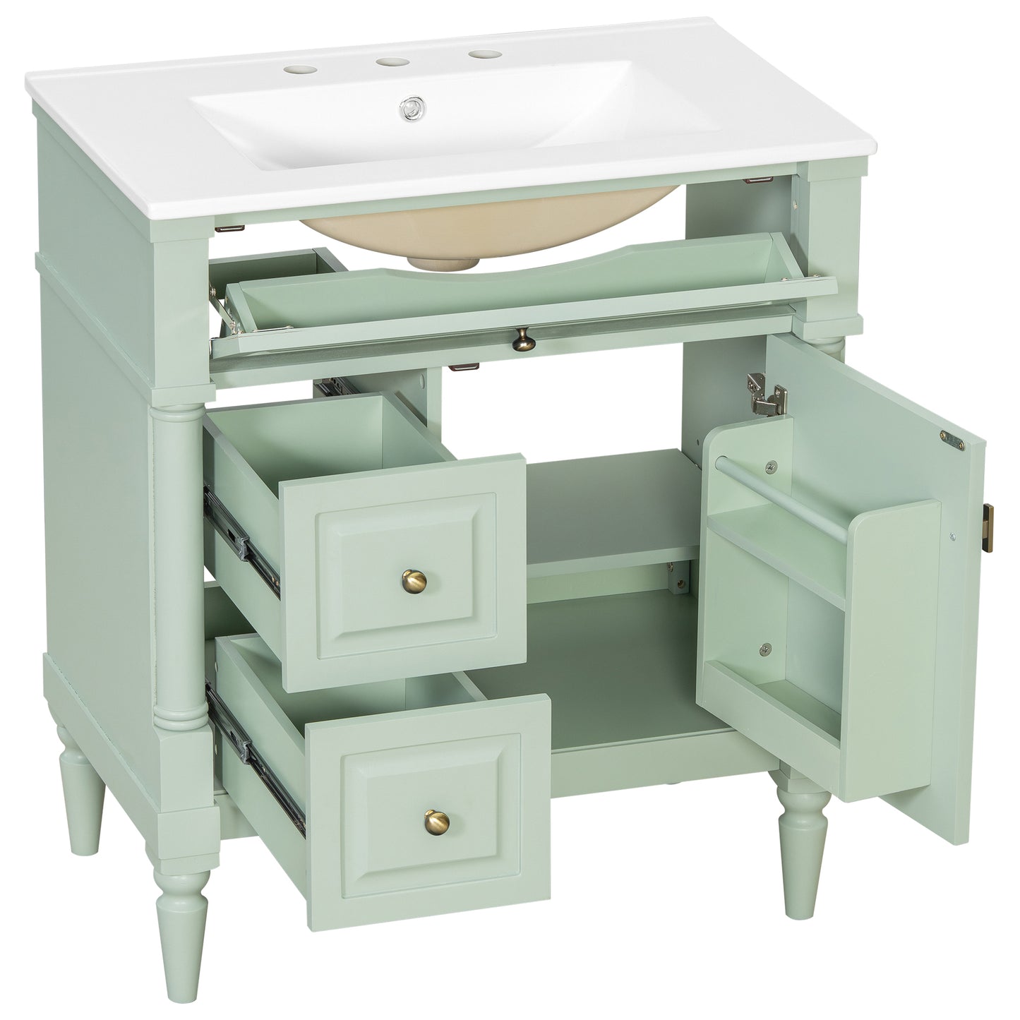 VanityFus 30-in Bathroom Vanity Green Single Sink Combo with Ceramic Top 1 Door 3 Drawers Adjustable Shelves