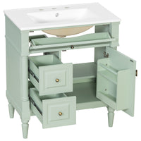 VanityFus 30-in Bathroom Vanity Green Single Sink Combo with Ceramic Top 1 Door 3 Drawers Adjustable Shelves