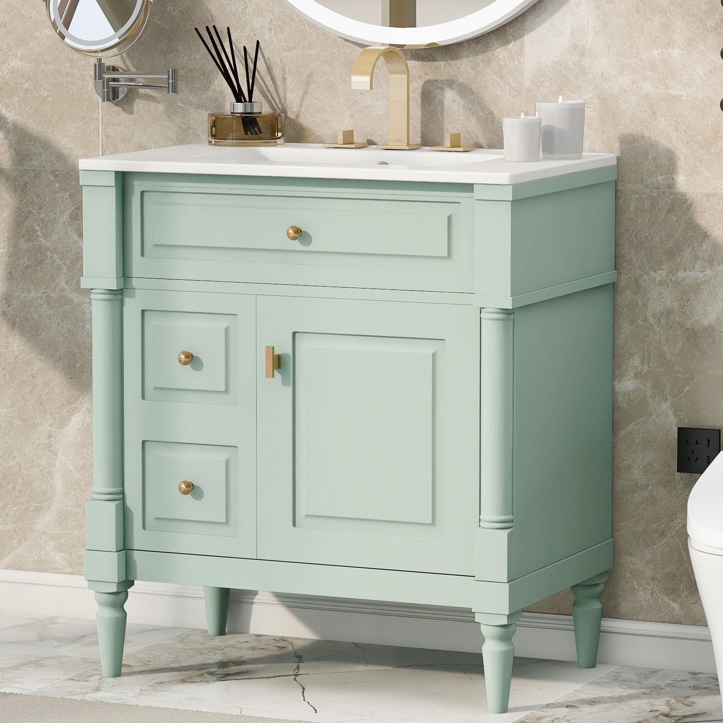 VanityFus 30-in Bathroom Vanity Green Single Sink Combo with Ceramic Top 1 Door 3 Drawers Adjustable Shelves