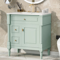VanityFus 30-in Bathroom Vanity Green Single Sink Combo with Ceramic Top 1 Door 3 Drawers Adjustable Shelves