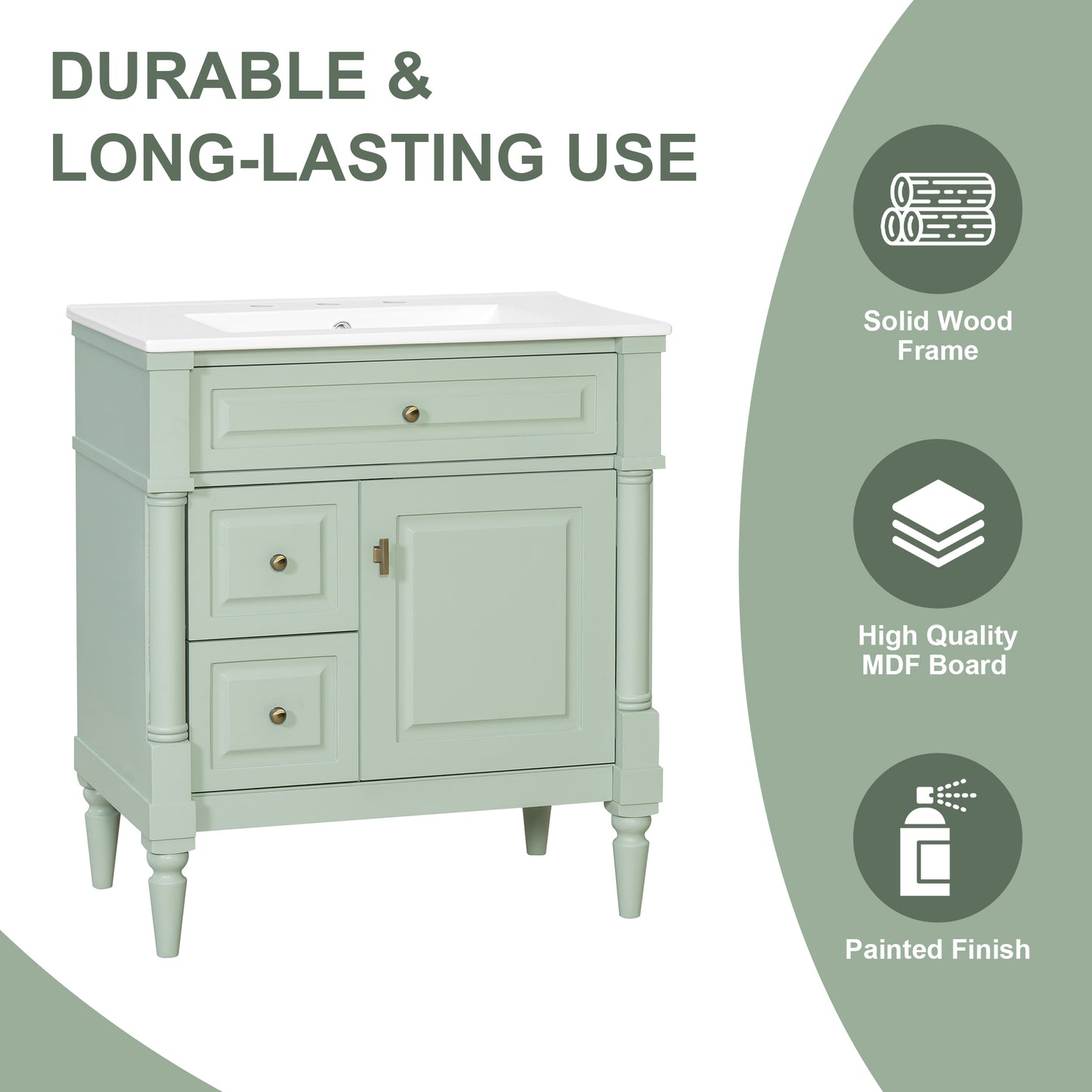 VanityFus 30-in Bathroom Vanity Green Single Sink Combo with Ceramic Top 1 Door 3 Drawers Adjustable Shelves