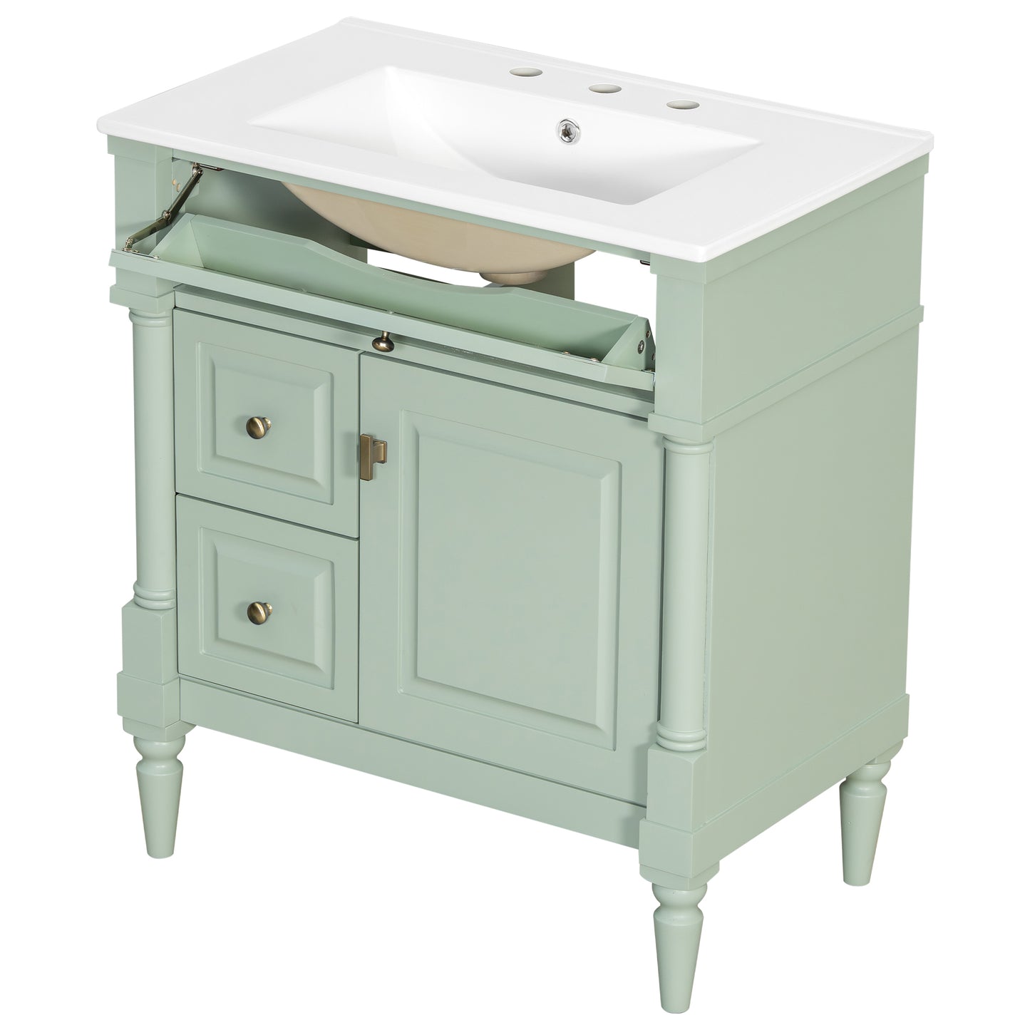 VanityFus 30-in Bathroom Vanity Green Single Sink Combo with Ceramic Top 1 Door 3 Drawers Adjustable Shelves