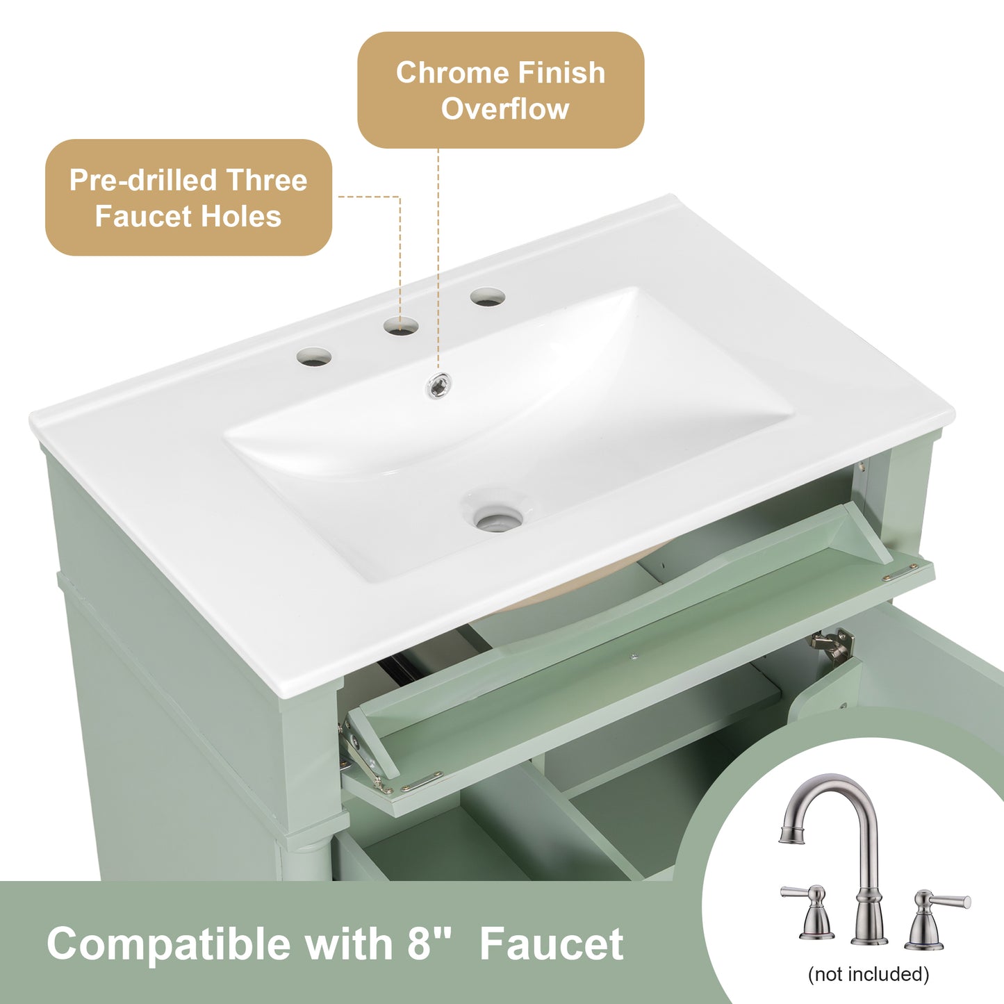 VanityFus 30-in Bathroom Vanity Green Single Sink Combo with Ceramic Top 1 Door 3 Drawers Adjustable Shelves