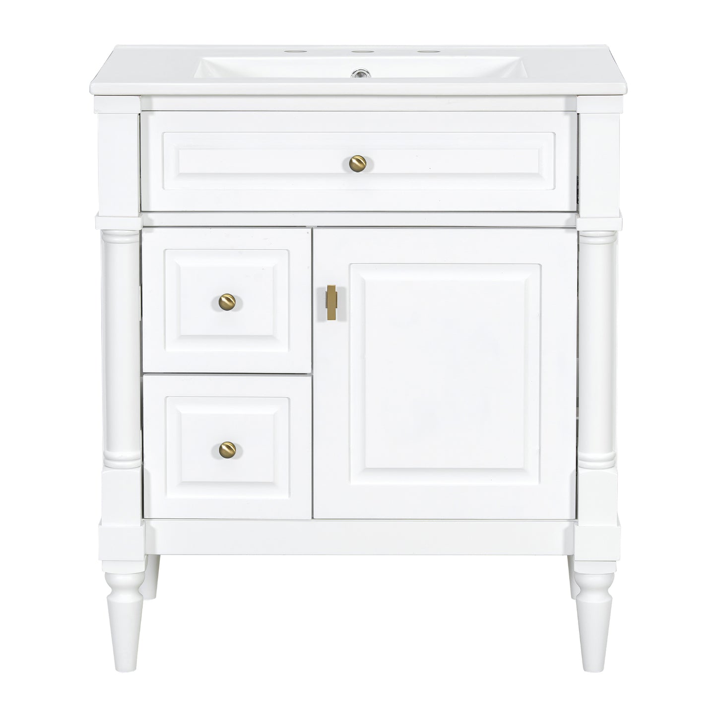 VanityFus 30-in Bathroom Vanity White Single Sink Combo with Ceramic Top 1 Door 3 Drawers Adjustable Shelves