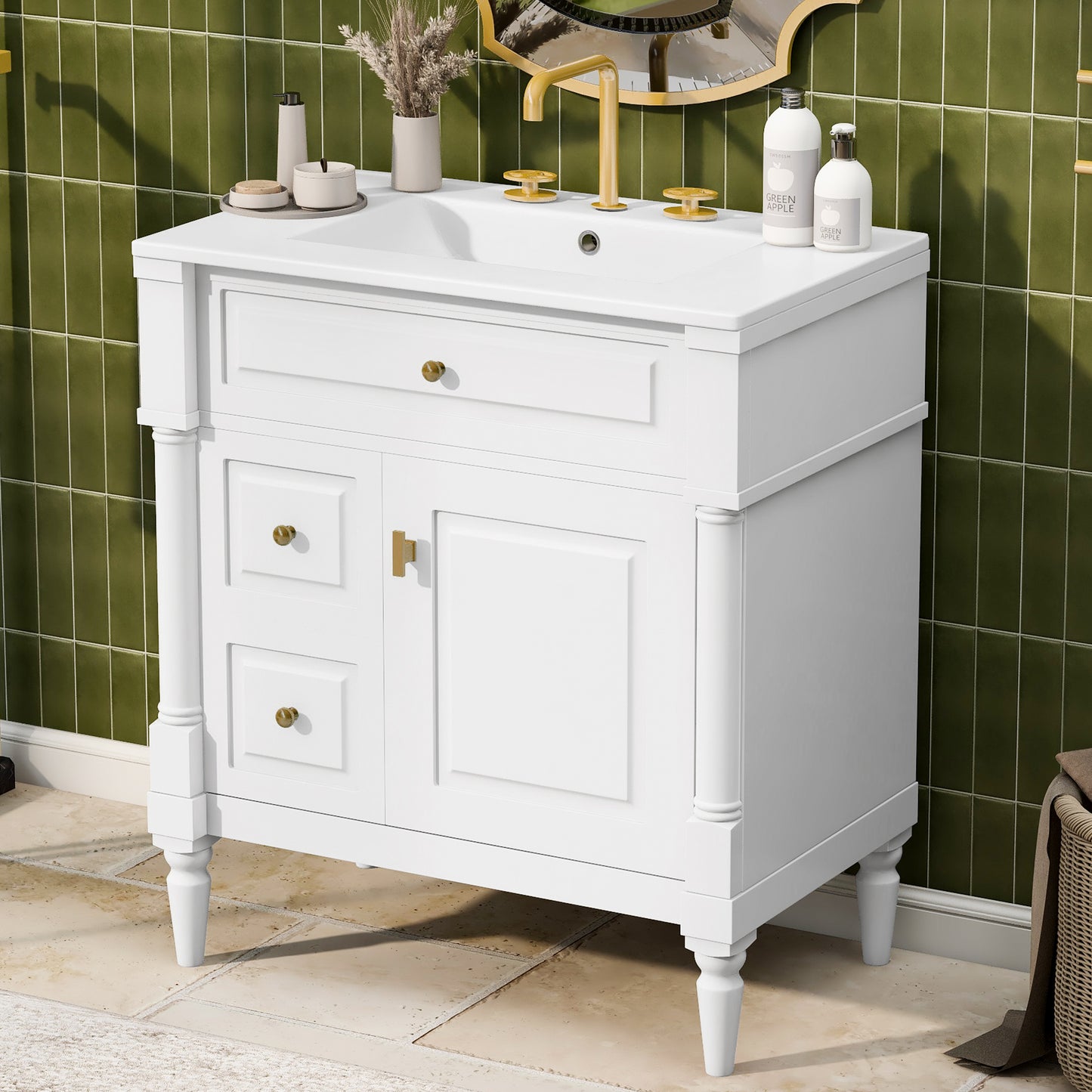 VanityFus 30-in Bathroom Vanity White Single Sink Combo with Ceramic Top 1 Door 3 Drawers Adjustable Shelves