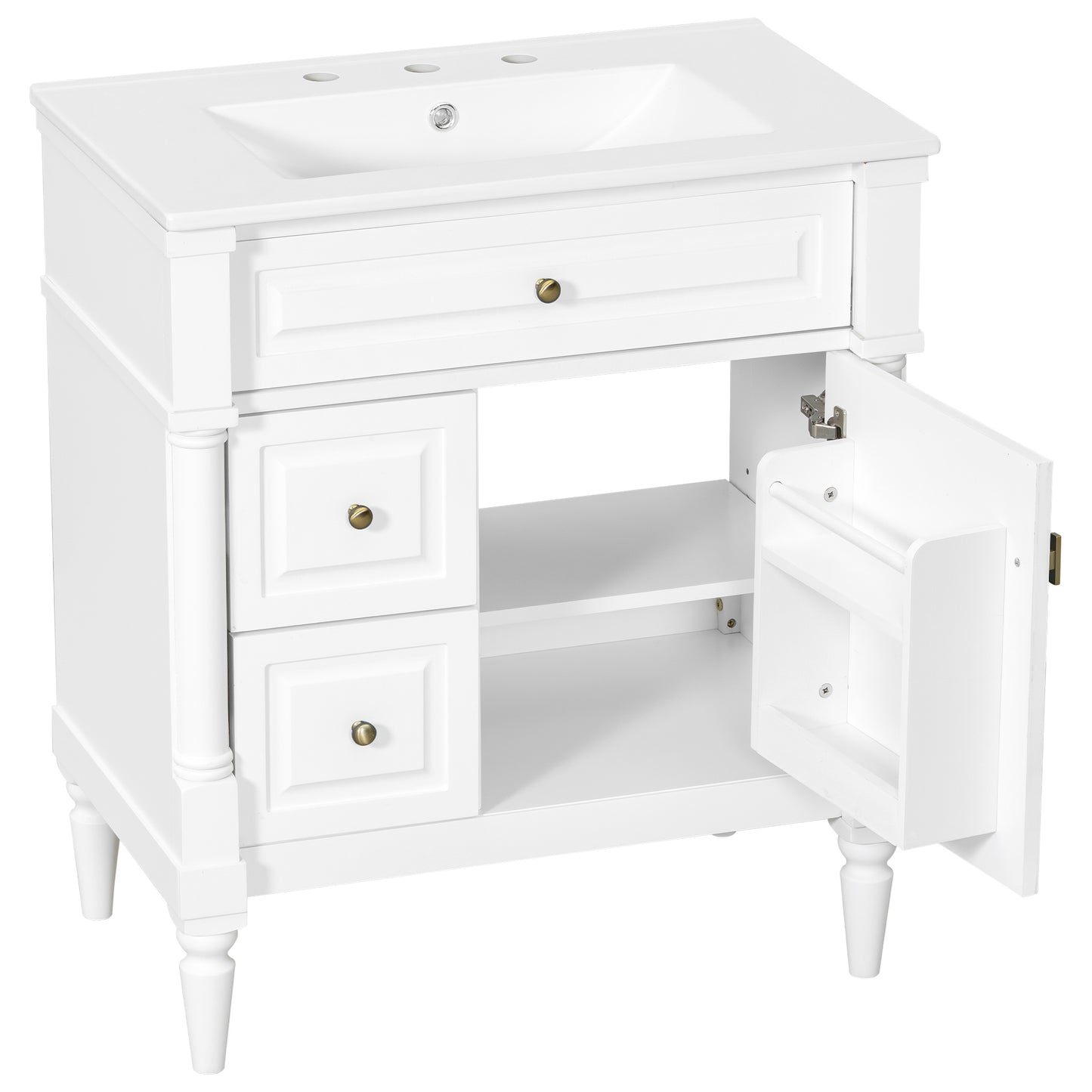 VanityFus 30-in Bathroom Vanity White Single Sink Combo with Ceramic Top 1 Door 3 Drawers Adjustable Shelves