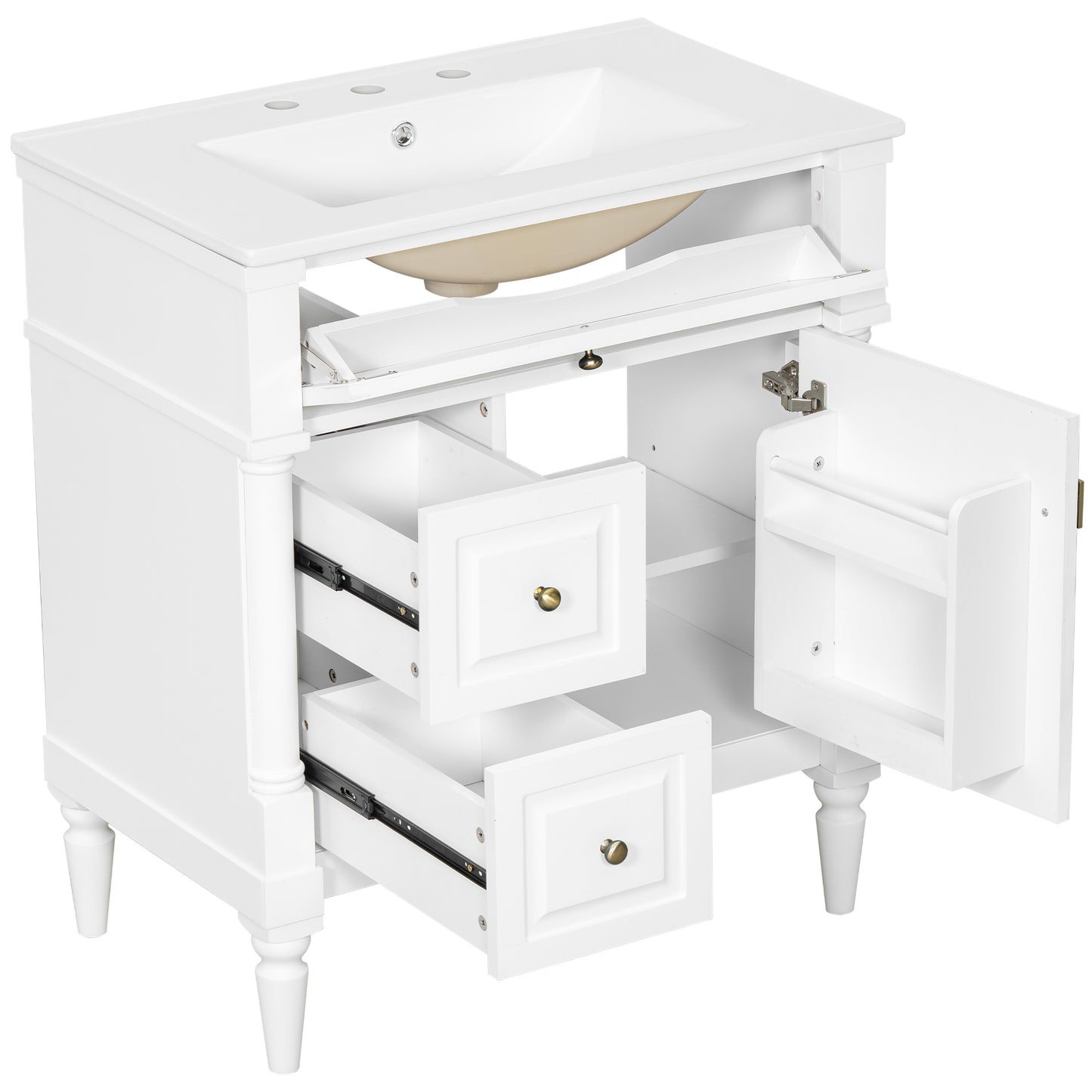 VanityFus 30-in Bathroom Vanity White Single Sink Combo with Ceramic Top 1 Door 3 Drawers Adjustable Shelves