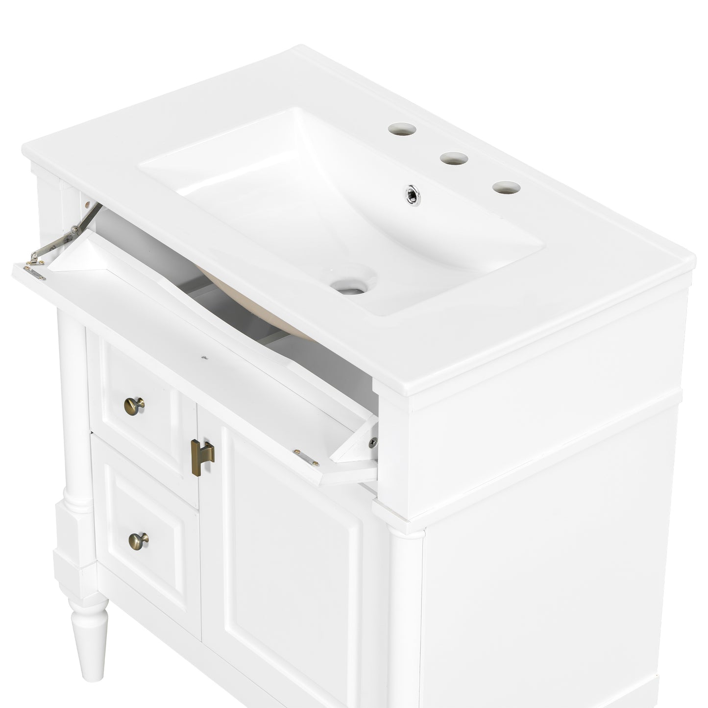 VanityFus 30-in Bathroom Vanity White Single Sink Combo with Ceramic Top 1 Door 3 Drawers Adjustable Shelves