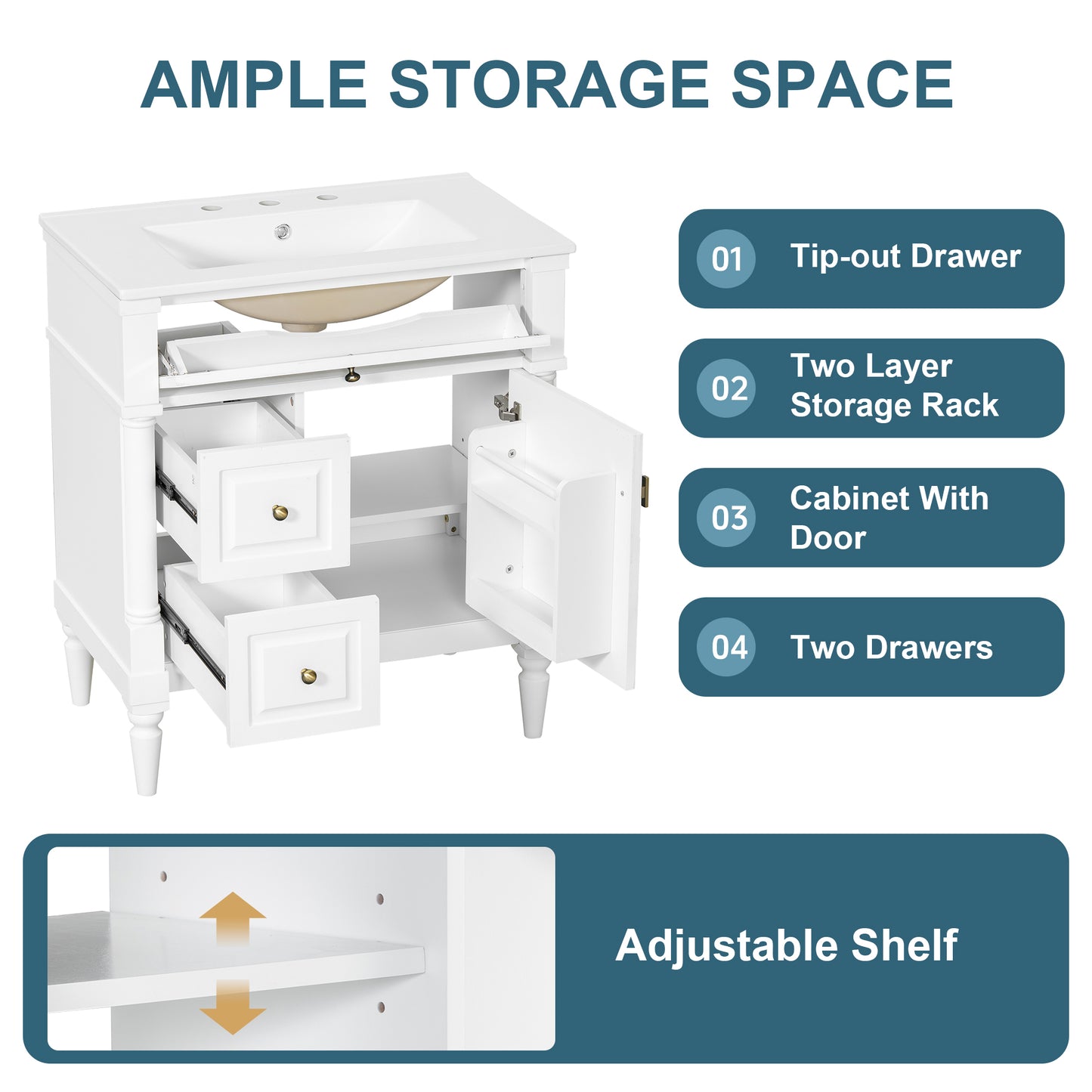 VanityFus 30-in Bathroom Vanity White Single Sink Combo with Ceramic Top 1 Door 3 Drawers Adjustable Shelves