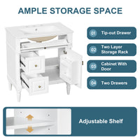 VanityFus 30-in Bathroom Vanity White Single Sink Combo with Ceramic Top 1 Door 3 Drawers Adjustable Shelves