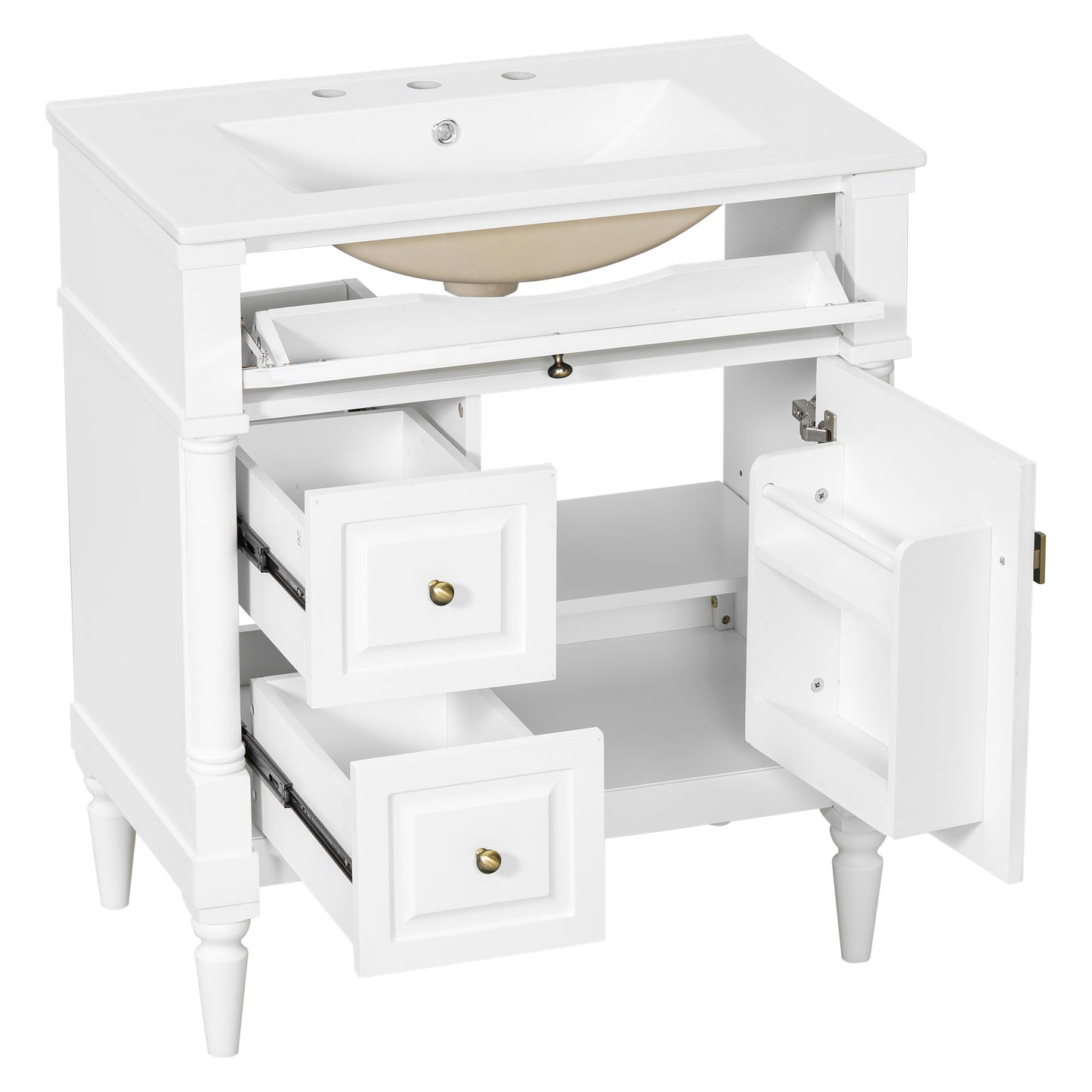 VanityFus 30-in Bathroom Vanity White Single Sink Combo with Ceramic Top 1 Door 3 Drawers Adjustable Shelves