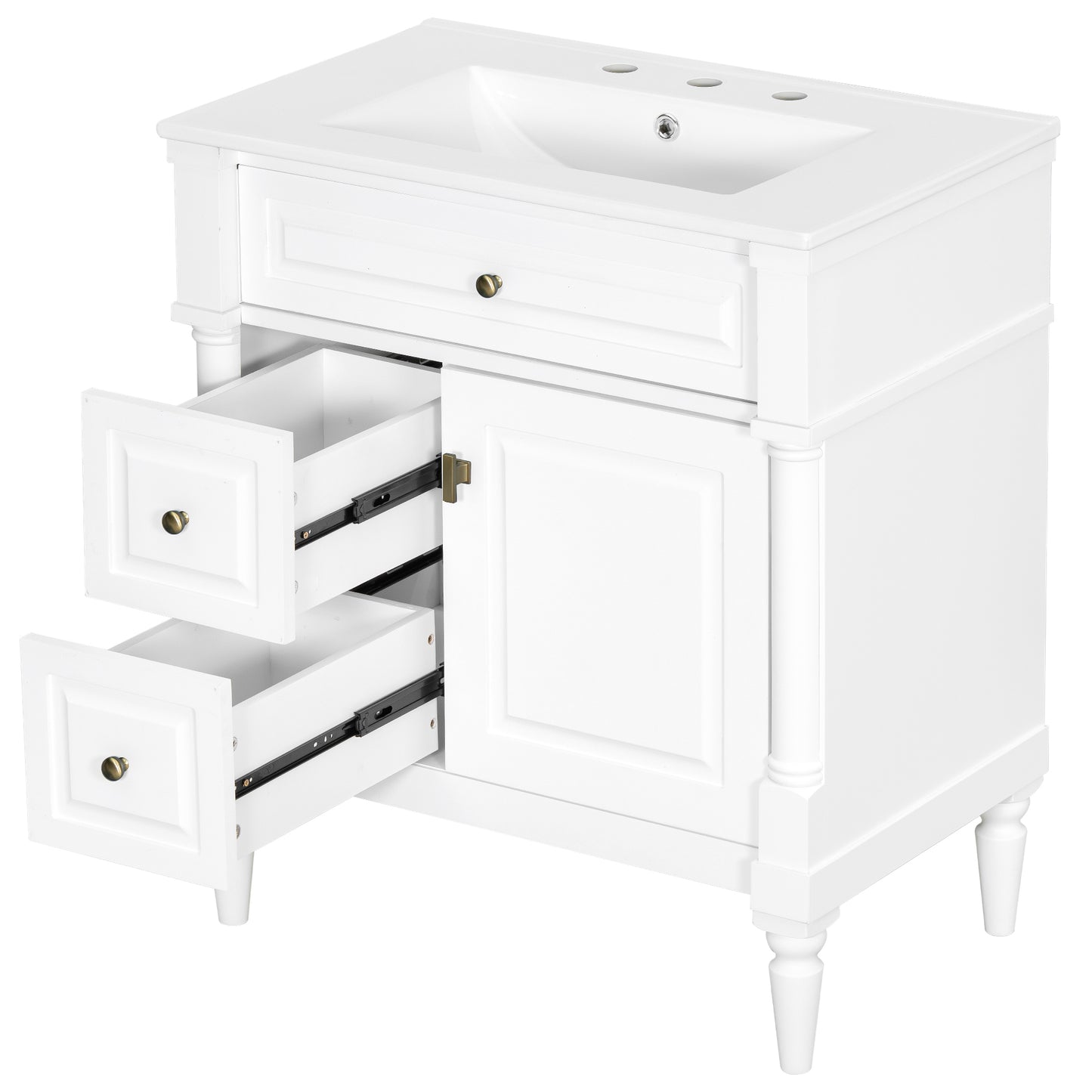VanityFus 30-in Bathroom Vanity White Single Sink Combo with Ceramic Top 1 Door 3 Drawers Adjustable Shelves