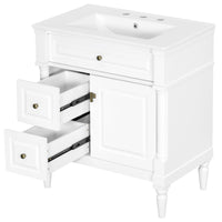 VanityFus 30-in Bathroom Vanity White Single Sink Combo with Ceramic Top 1 Door 3 Drawers Adjustable Shelves