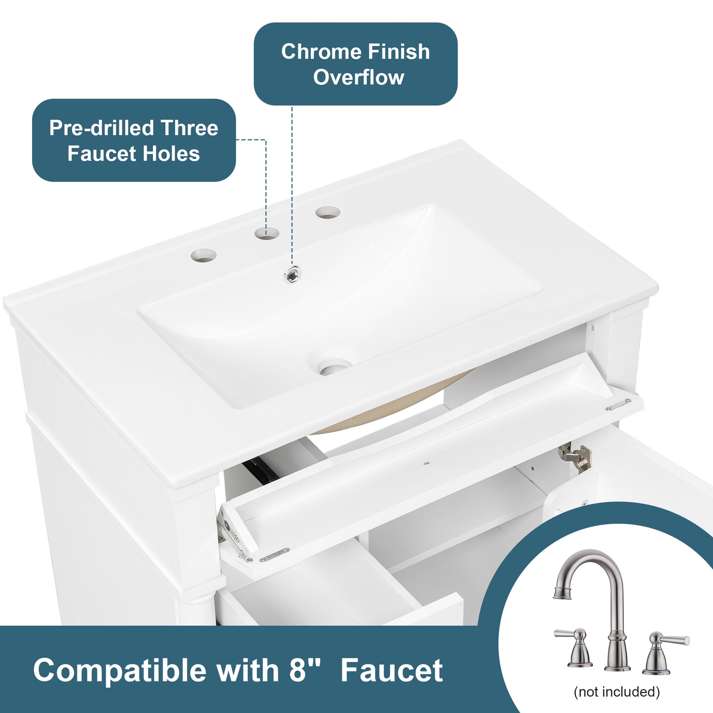 VanityFus 30-in Bathroom Vanity White Single Sink Combo with Ceramic Top 1 Door 3 Drawers Adjustable Shelves