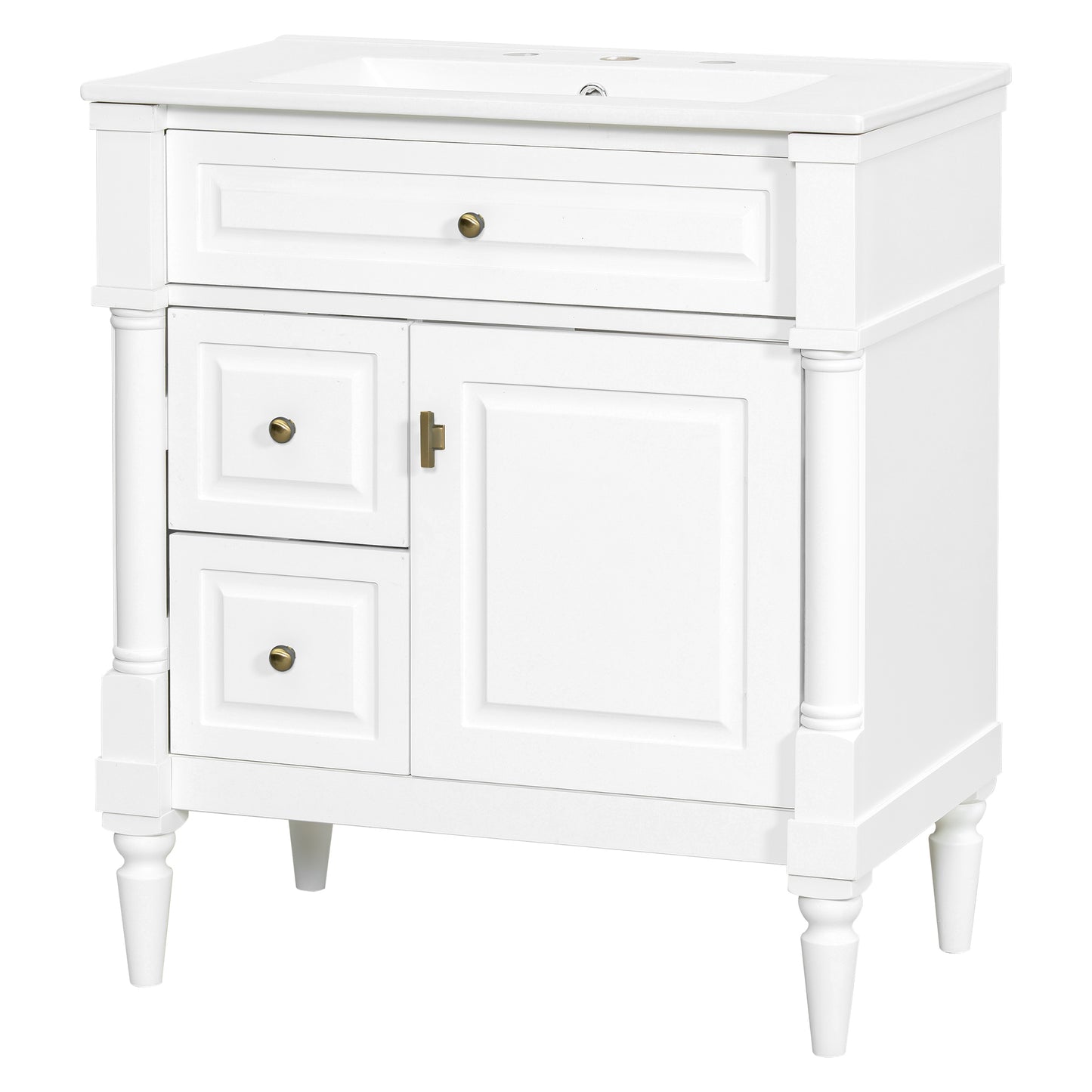 VanityFus 30-in Bathroom Vanity White Single Sink Combo with Ceramic Top 1 Door 3 Drawers Adjustable Shelves