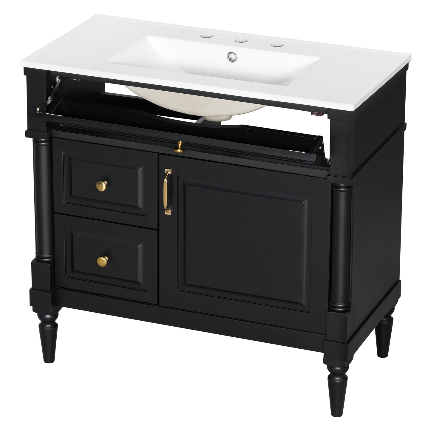 VanityFus 36-in Black Bathroom Vanity Single Sink Combo Ceramic Top 1 door 3 drawers Undermount Adjustable Shelves
