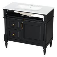 VanityFus 36-in Black Bathroom Vanity Single Sink Combo Ceramic Top 1 door 3 drawers Undermount Adjustable Shelves