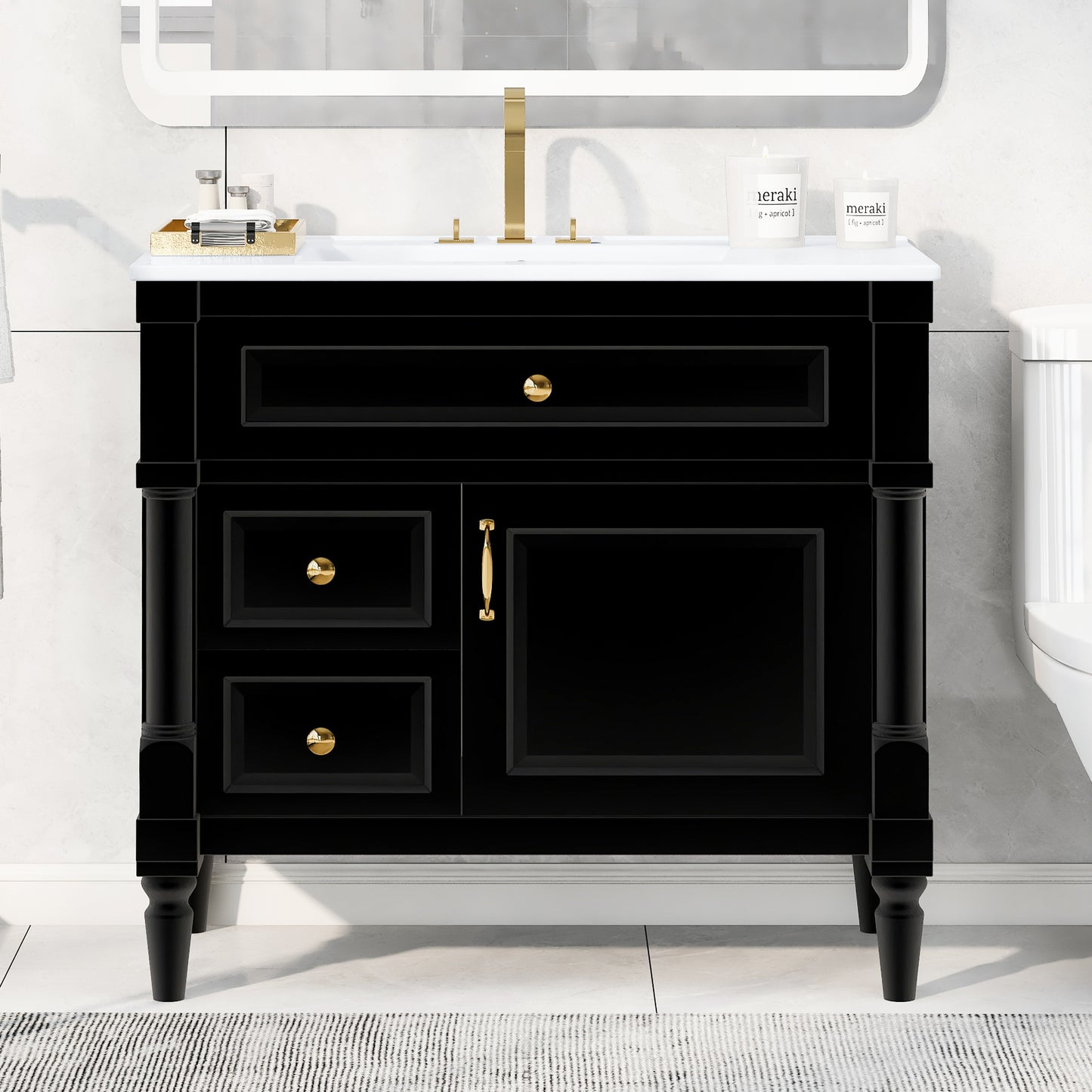 VanityFus 36-in Black Bathroom Vanity Single Sink Combo Ceramic Top 1 door 3 drawers Undermount Adjustable Shelves