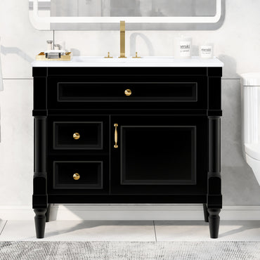 VanityFus 36-in Black Bathroom Vanity Single Sink Combo Ceramic Top 1 door 3 drawers Undermount Adjustable Shelves