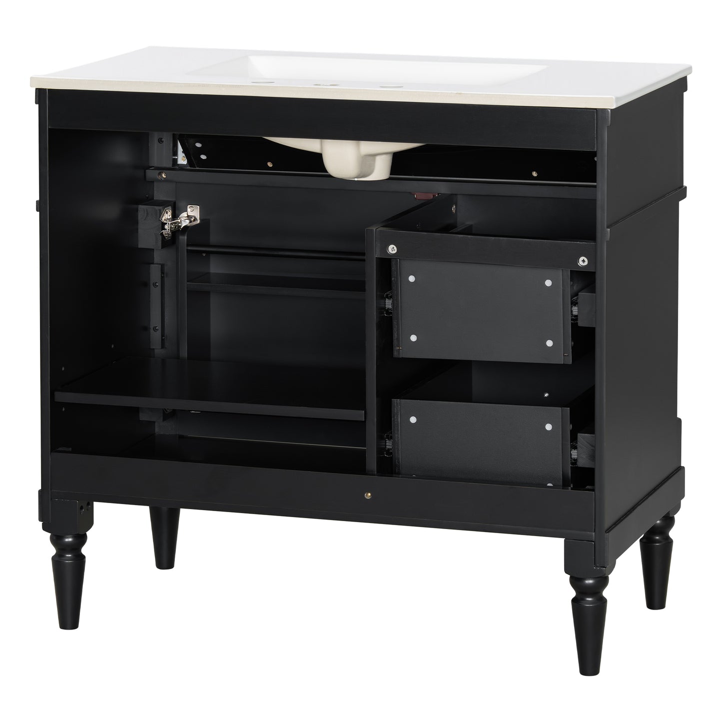 VanityFus 36-in Black Bathroom Vanity Single Sink Combo Ceramic Top 1 door 3 drawers Undermount Adjustable Shelves