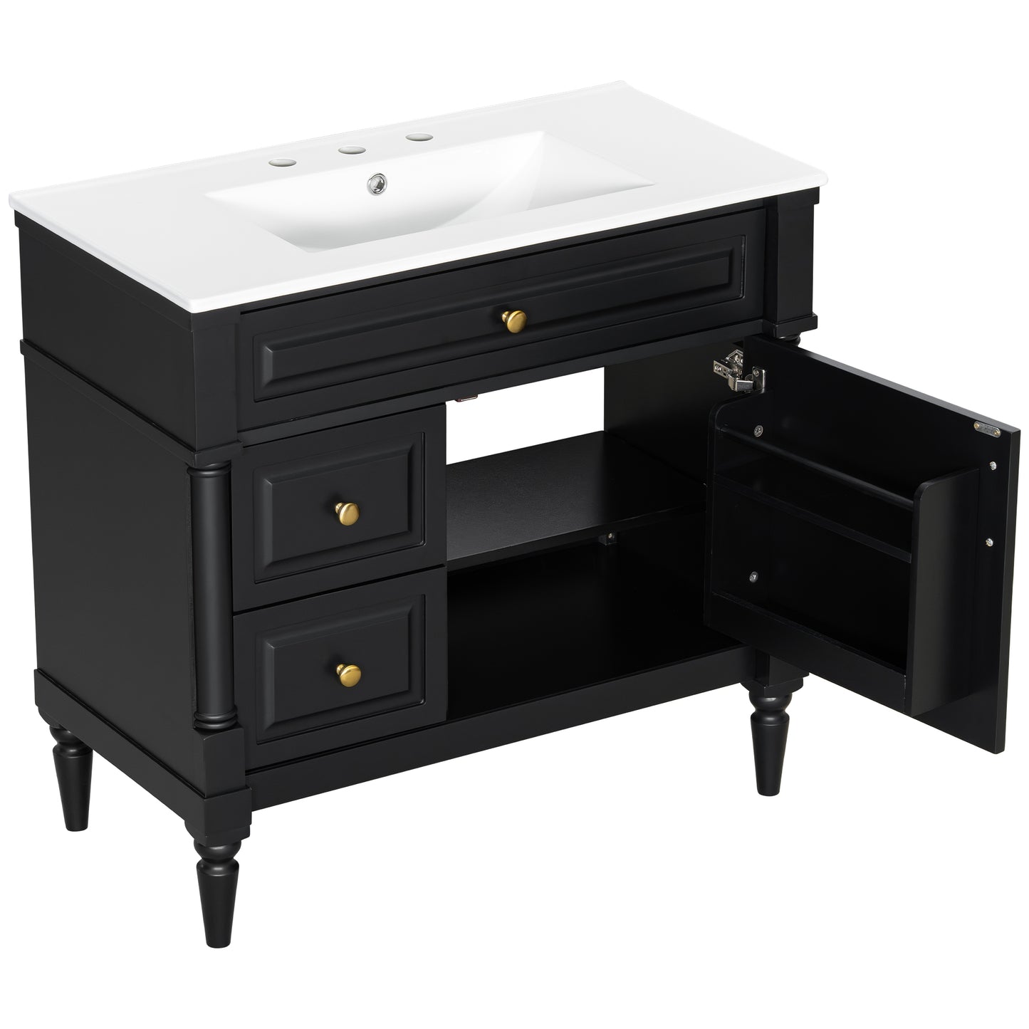 VanityFus 36-in Black Bathroom Vanity Single Sink Combo Ceramic Top 1 door 3 drawers Undermount Adjustable Shelves