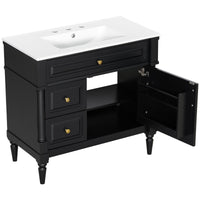 VanityFus 36-in Black Bathroom Vanity Single Sink Combo Ceramic Top 1 door 3 drawers Undermount Adjustable Shelves