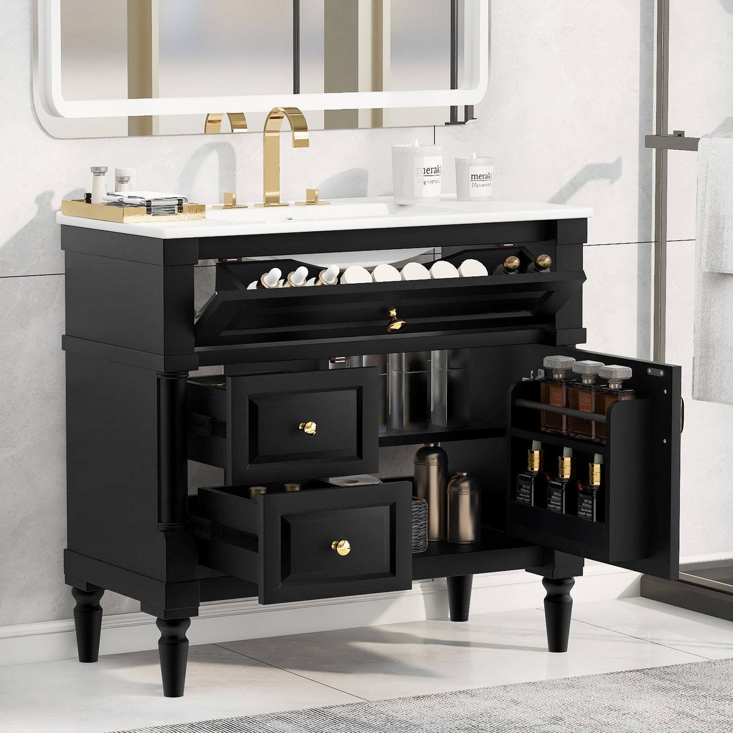 VanityFus 36-in Black Bathroom Vanity Single Sink Combo Ceramic Top 1 door 3 drawers Undermount Adjustable Shelves