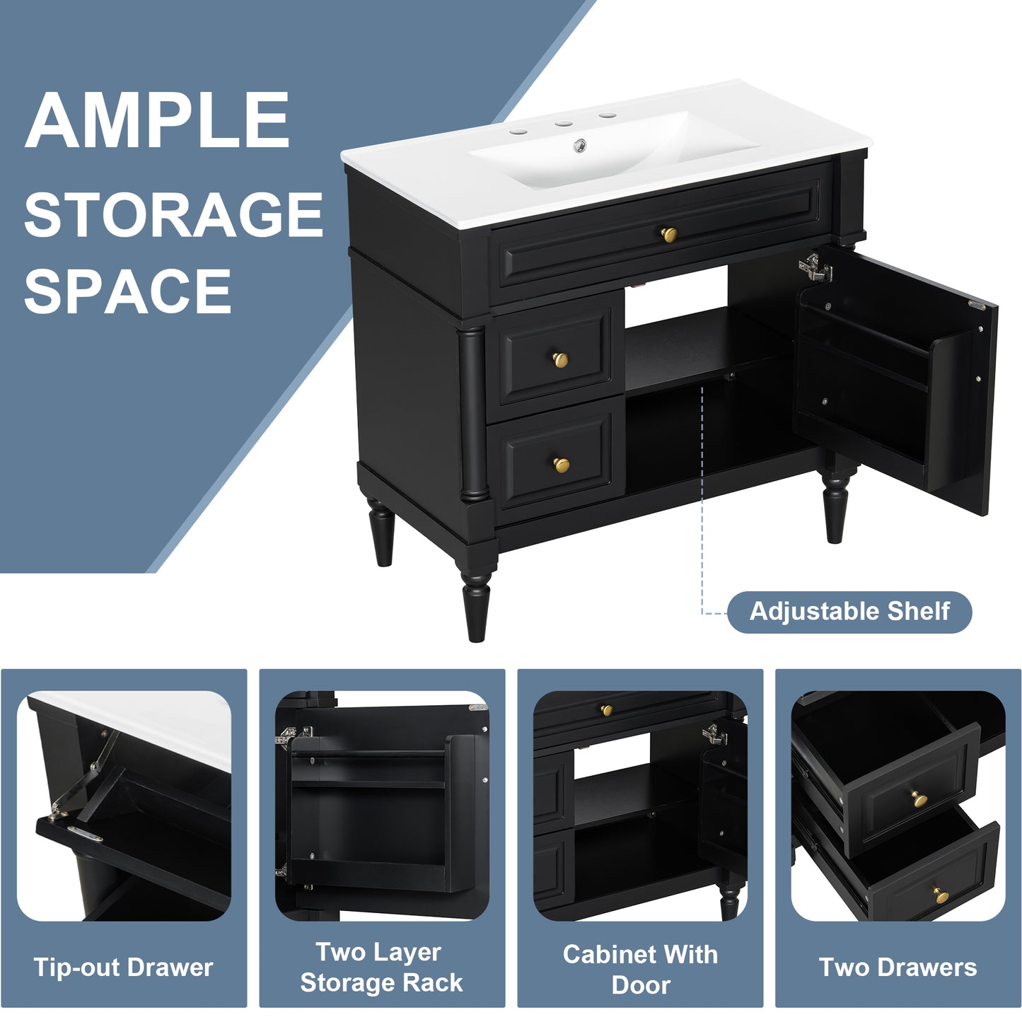 VanityFus 36-in Black Bathroom Vanity Single Sink Combo Ceramic Top 1 door 3 drawers Undermount Adjustable Shelves